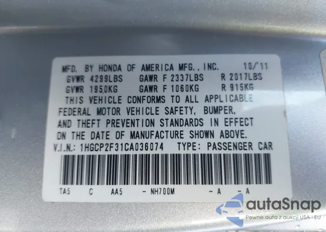 1HGCP2F31CA036074: 43354213