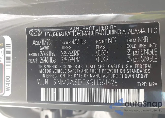 5NMJA3DEXSH561625: 43355090