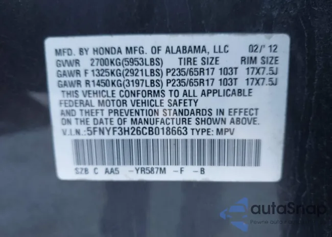 5FNYF3H26CB018663: 43355812