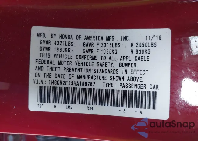 1HGCR2F59HA106262: 43355509