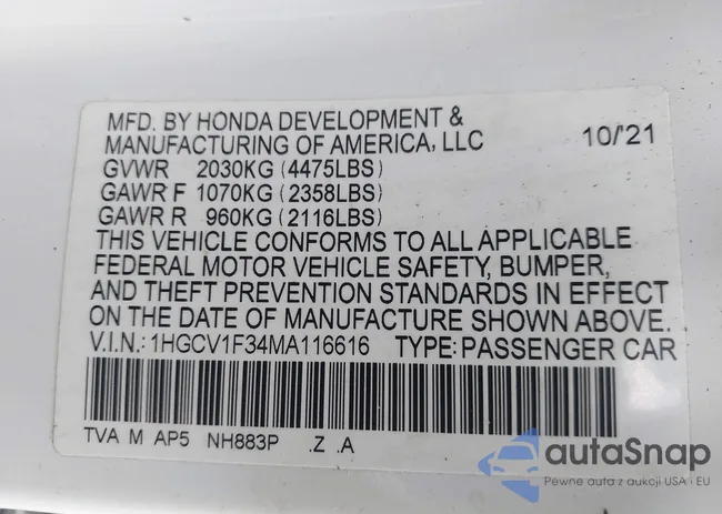 1HGCV1F34MA116616: 43357099