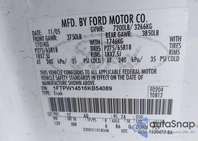 1FTPW14516KB54089: 43357286