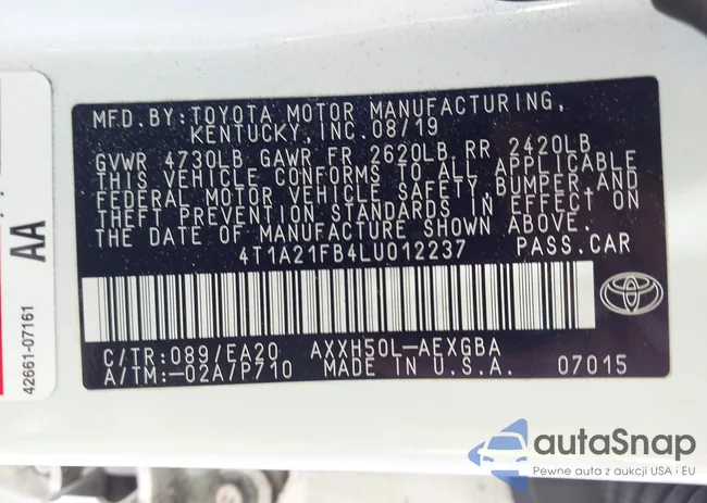 4T1A21FB4LU012237: 43358505