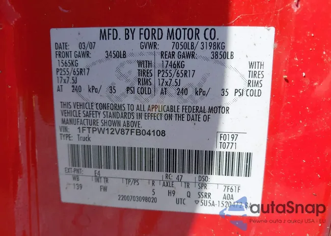 1FTPW12V87FB04108: 43359282