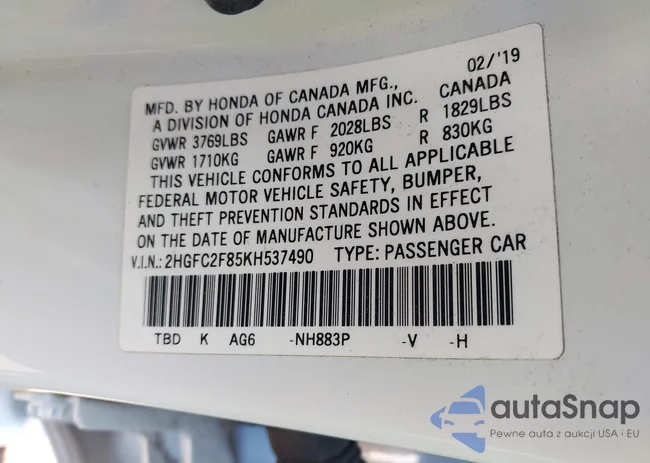 2HGFC2F85KH537490: 43359464