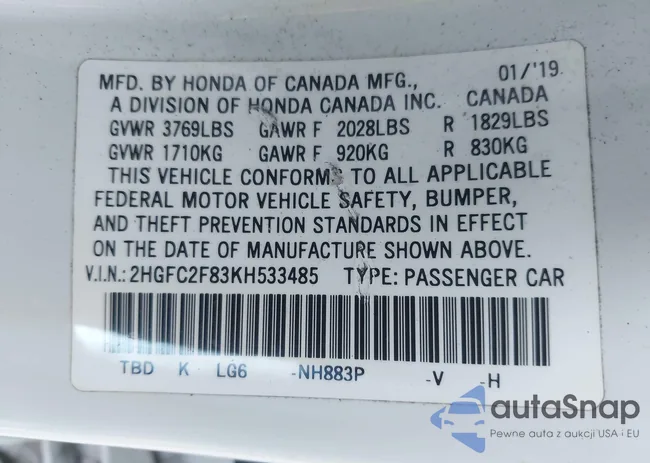 2HGFC2F83KH533485: 43360762