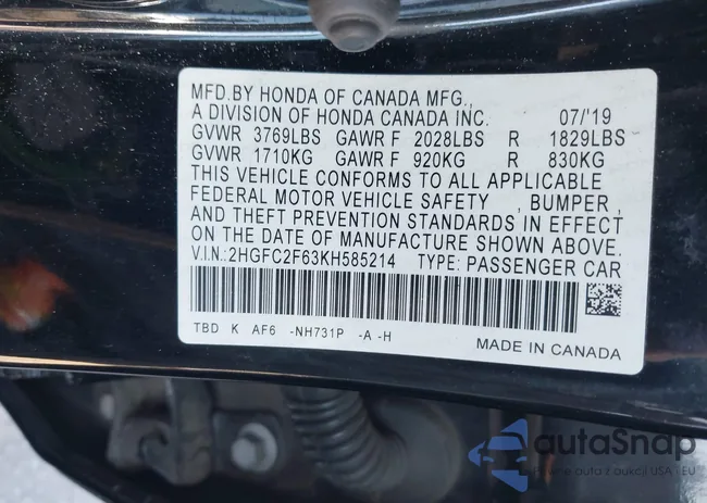 2HGFC2F63KH585214: 43360325