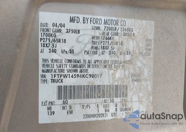 1FTPW14594KC98017: 43362060