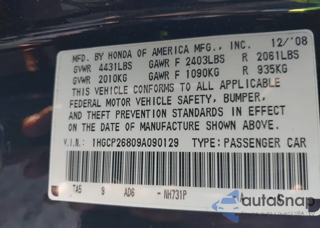 1HGCP26809A090129: 43362240