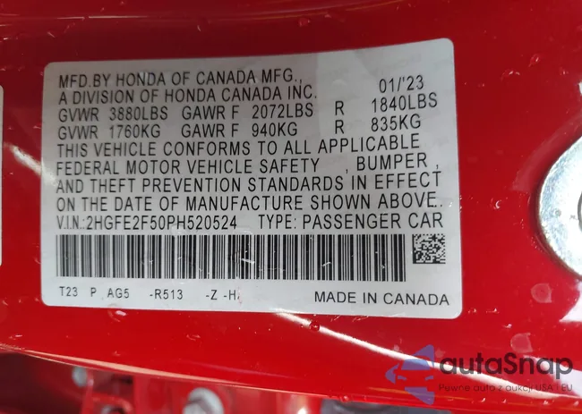 2HGFE2F50PH520524: 43361533