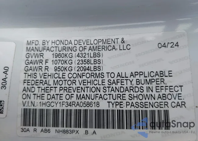 1HGCY1F34RA058618: 43361597