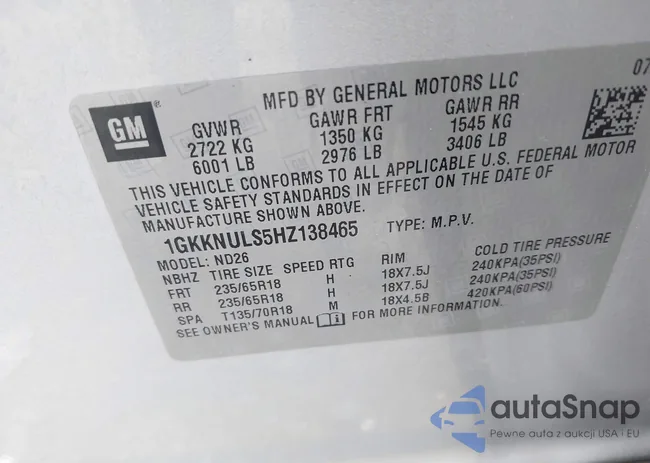 1GKKNULS5HZ138465: 43362888