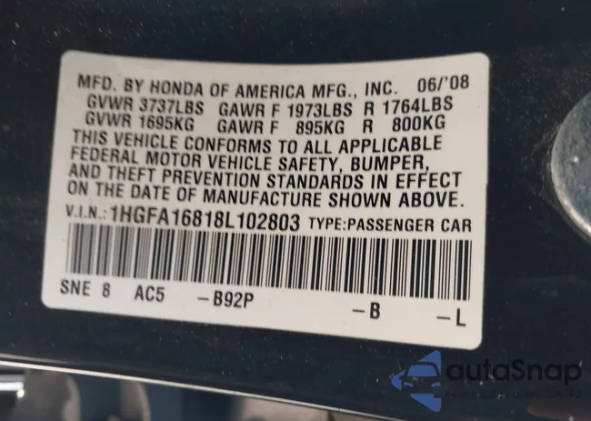 1HGFA16818L102803: 43363153