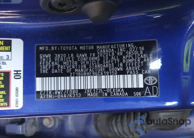 2T1BURHE9GC619150: 43364056