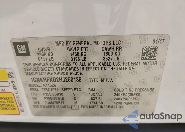 1GNKRFKD2HJ260138: 43365257