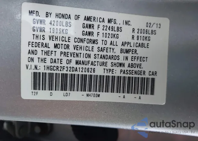 1HGCR2F32DA120626: 43365912