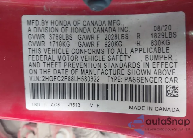 2HGFC2F88LH580822: 43365307