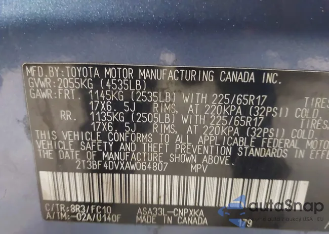 2T3BF4DVXAW064807: 43365470