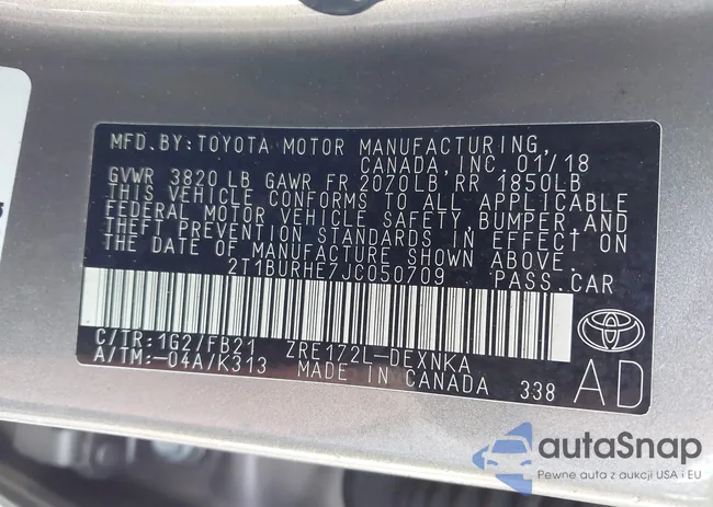 2T1BURHE7JC050709: 43365564