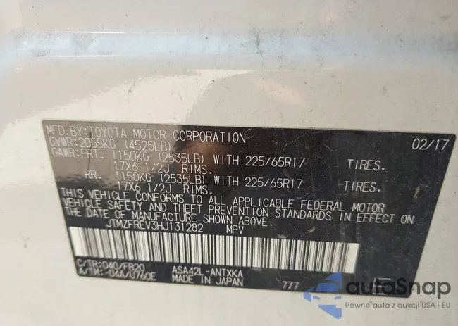 JTMZFREV3HJ131282: 43366520