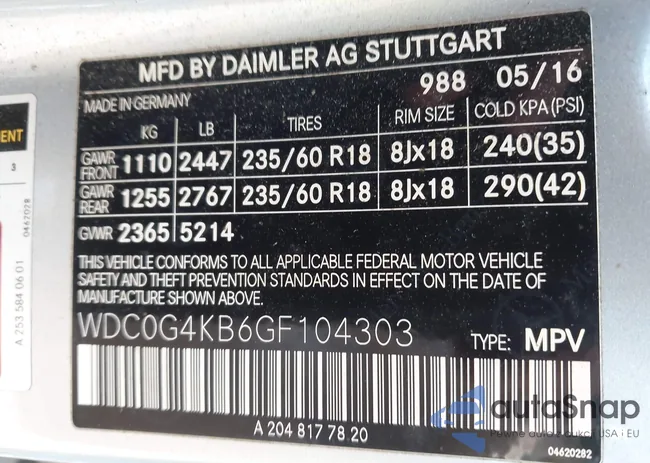 WDC0G4KB6GF104303: 43366540