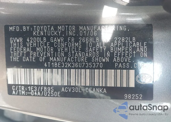 4T1BE32K36U735370: 43367598