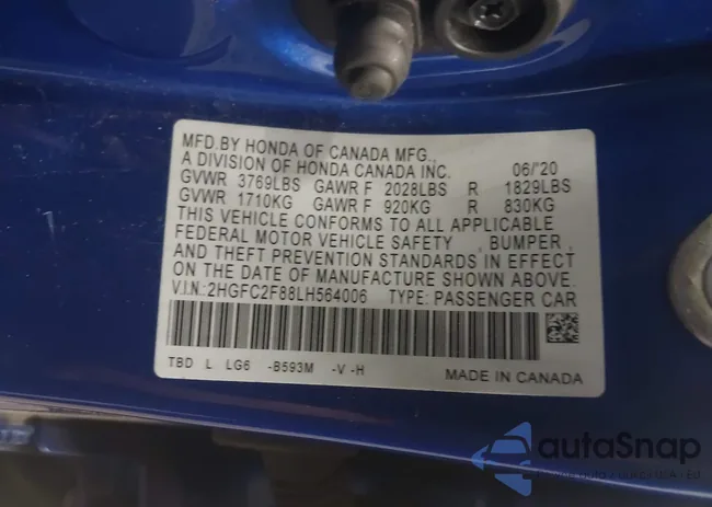 2HGFC2F88LH564006: 43368800