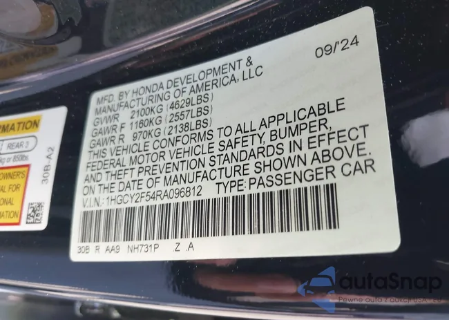 1HGCY2F54RA096812: 43368962