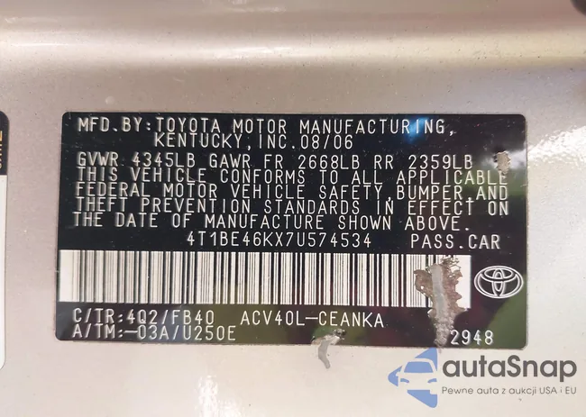 4T1BE46KX7U574534: 43370059