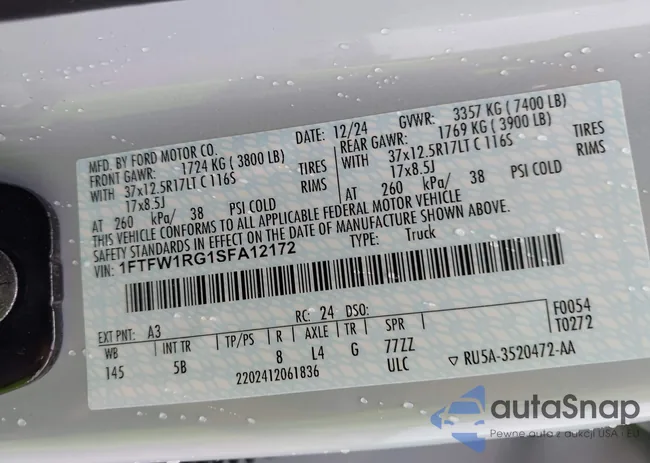 1FTFW1RG1SFA12172: 43370171