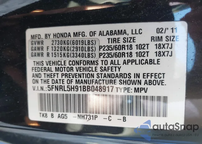 5FNRL5H91BB048917: 43370876