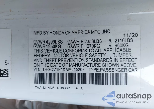 1HGCV1F1XMA015207: 43370914