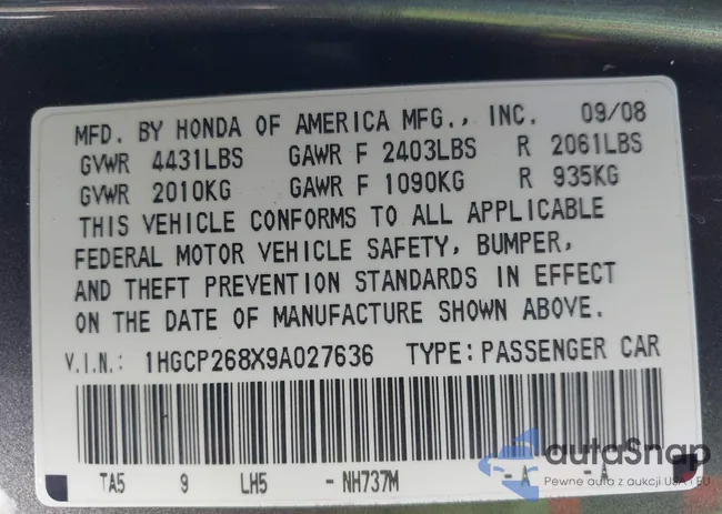 1HGCP268X9A027636: 43371672