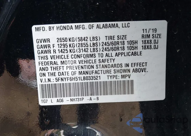 5FNYF6H51LB033521: 43371843