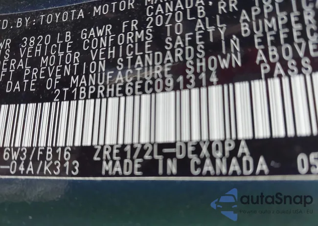 2T1BPRHE6EC091314: 43372770