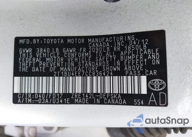 2T1BU4EE7CC836424: 43373983