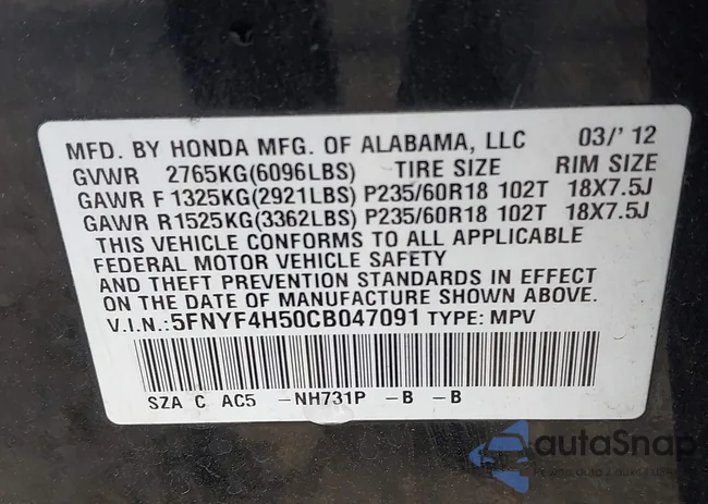 5FNYF4H50CB047091: 43374190