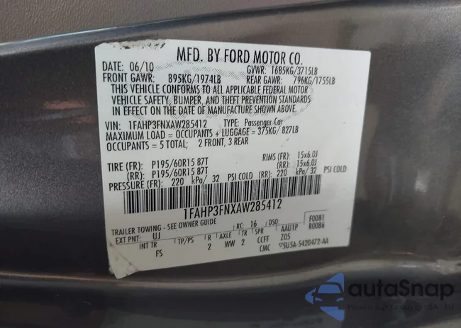 1FAHP3FNXAW285412: 43375176