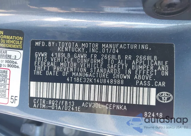 4T1BE32K14U848988: 43374345