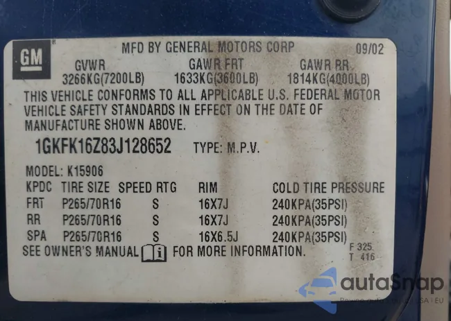 1GKFK16Z83J128652: 43375280