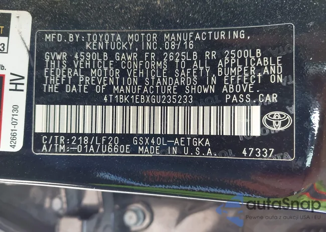 4T1BK1EBXGU235233: 43375463