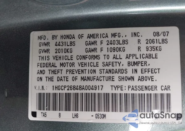 1HGCP26848A004917: 43376887