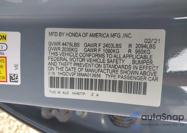 1HGCV2F38MA013656: 43377064