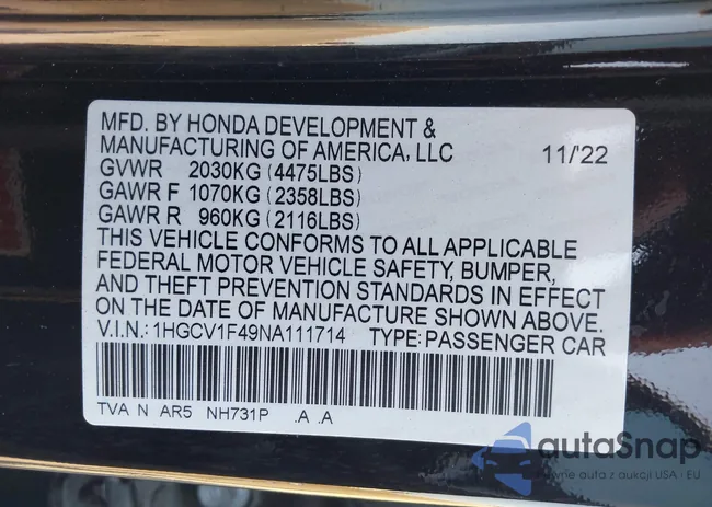 1HGCV1F49NA111714: 43376398