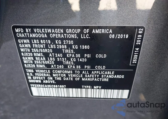 1V2XR2CA2KC581697: 43376580