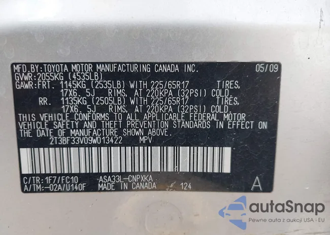 2T3BF33V09W013422: 43378038