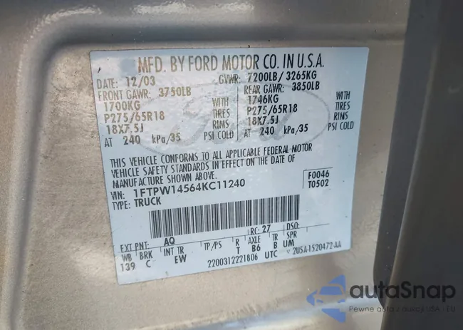 1FTPW14564KC11240: 43378340