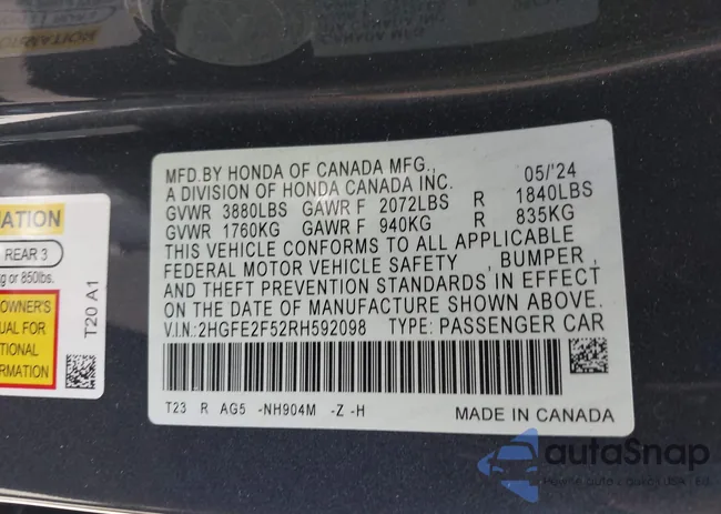 2HGFE2F52RH592098: 43379468