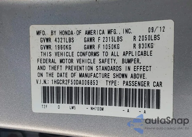 1HGCR2F50DA006853: 43380863