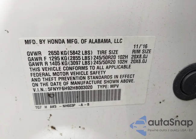 5FNYF6H92HB003020: 43382805